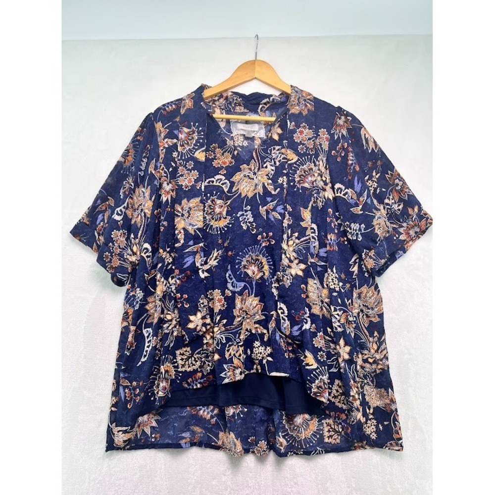 Cupio Women's Plus Size 2X Navy Blue Floral Tunic Top Lined Boho Style